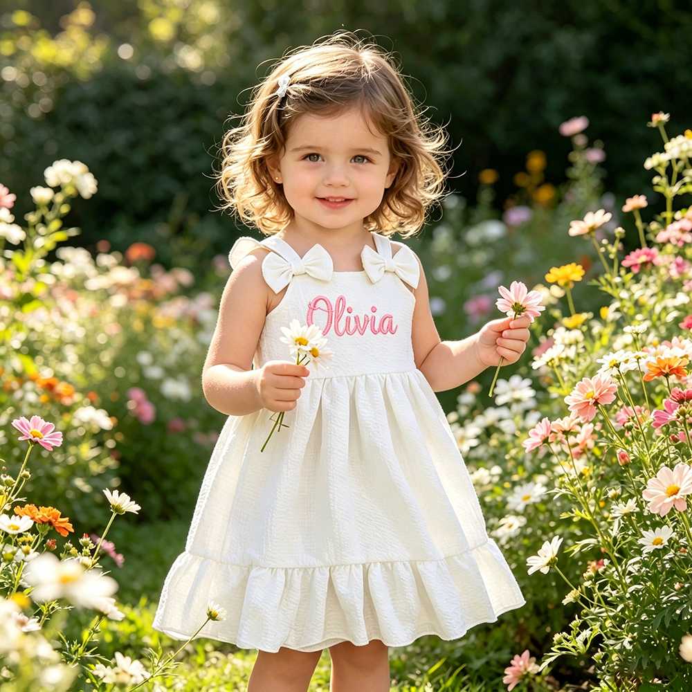 Personalized Girl Embroidered Name Bow Strap Dress| Dress99
