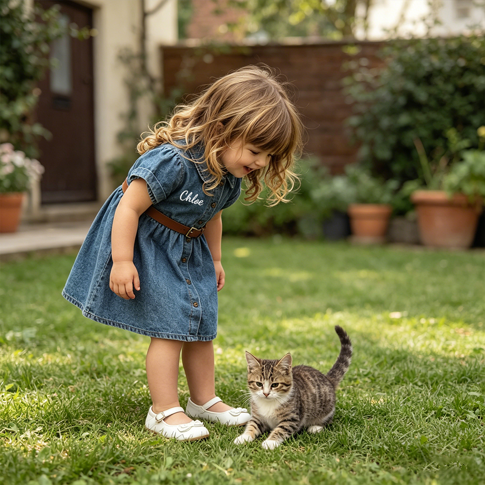 Personalized Girl Vintage Wash Denim Shirtdress with Brown Belt| Dress98