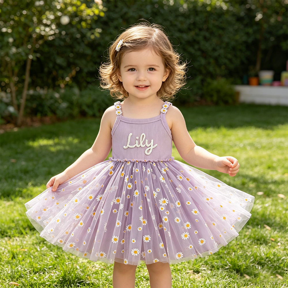 Personalized Girl Hand Knitted Rainbow Daisy Tutu Dress| Dress100