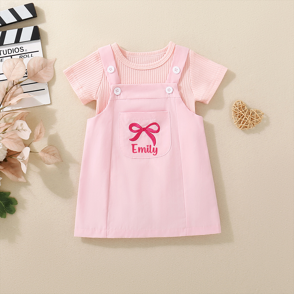 Personalized Girl Pink Bow Pinafore Dress Set| Dress107