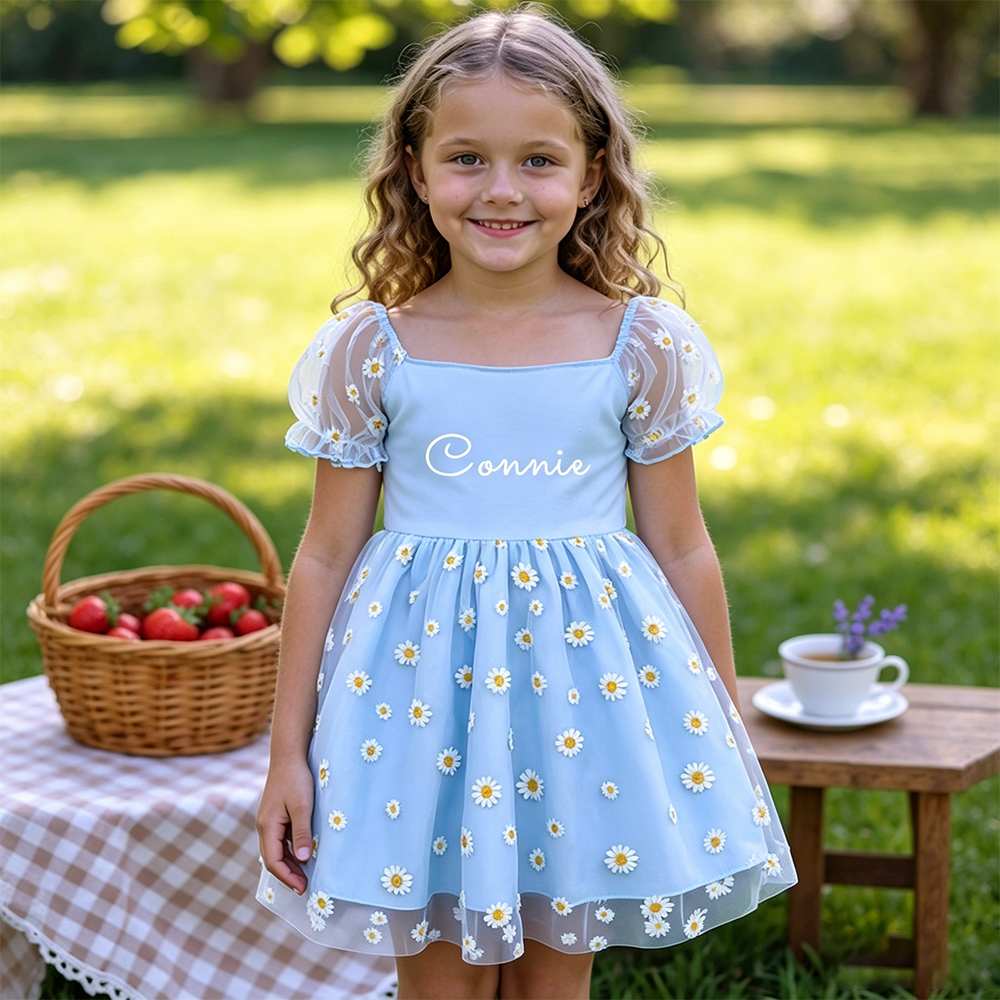 Personalized Girl Puff Sleeve Daisy Dress| Dress109