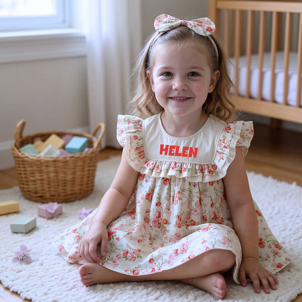 Personalized Girl's Floral Cotton Dress With Headband| Dress113