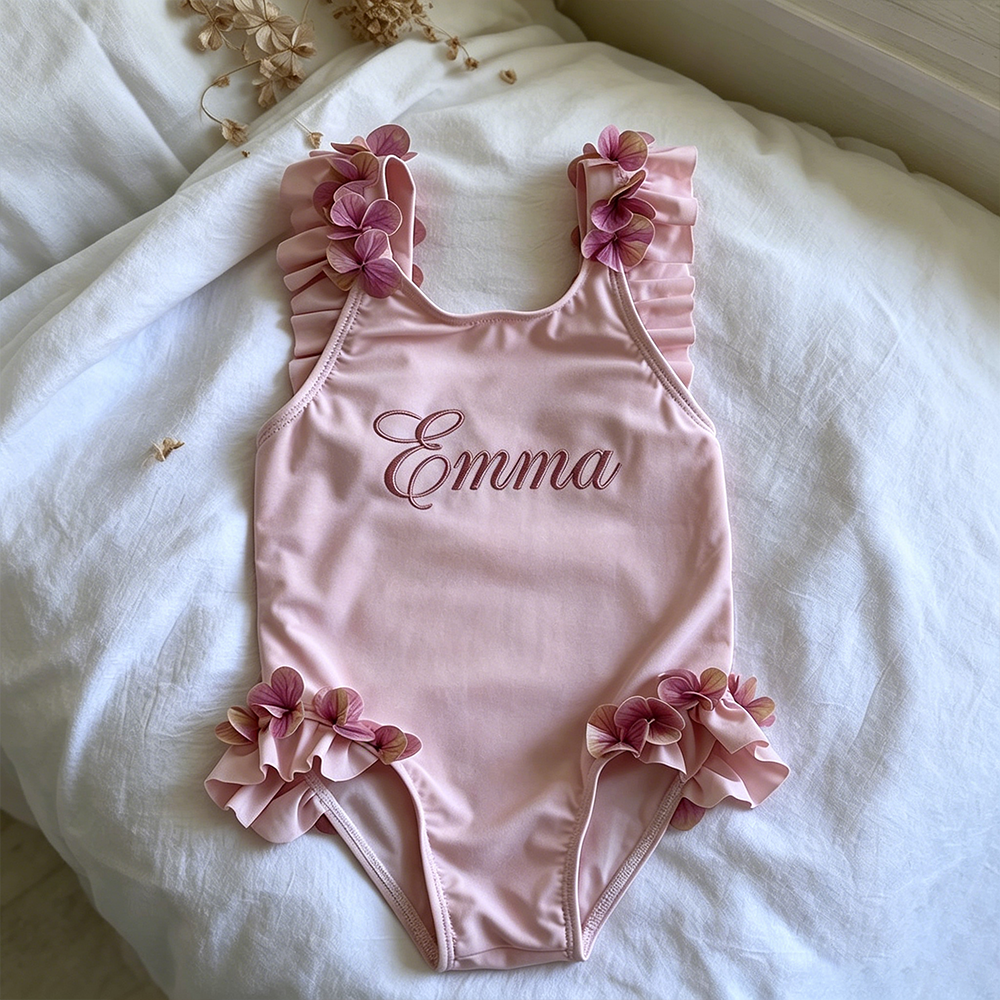 Personalized Girl Embroidered Pink Floral Ruffle One-Piece| Swimsuit08