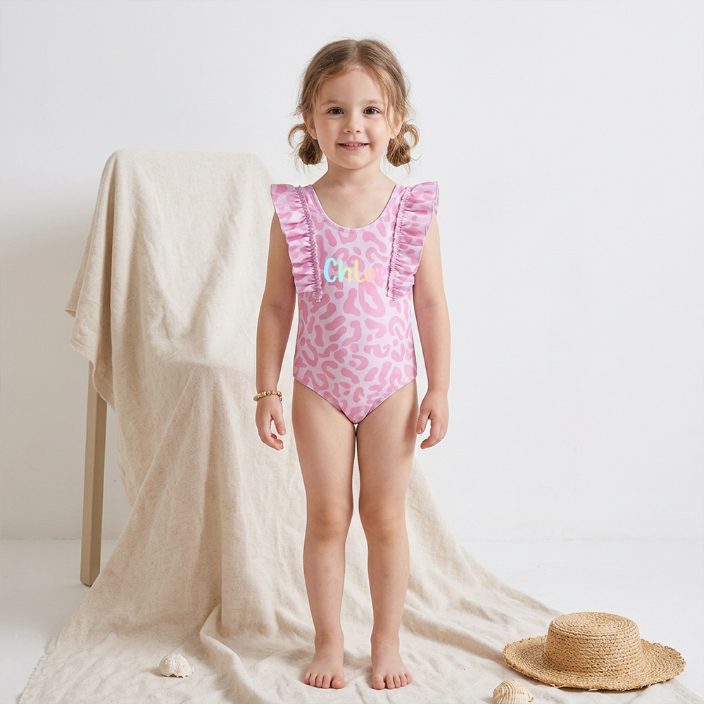 Personalized Girl Pink Leopard Ruffle One-Piece| Swimsuit09