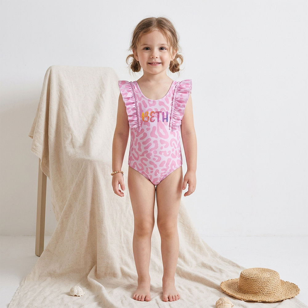 Personalized Girl Pink Leopard Ruffle One-Piece| Swimsuit0901