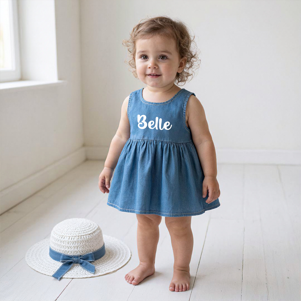 Personalized Girl Denim Dress with Straw Hat| Dress119