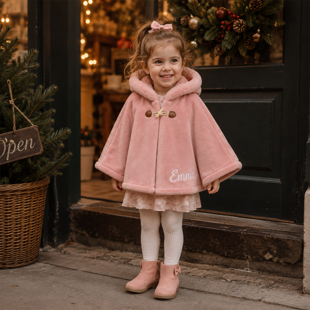 Personalized Girls Faux Fur Trim Winter Poncho Hooded Cape Coat| Cloth287