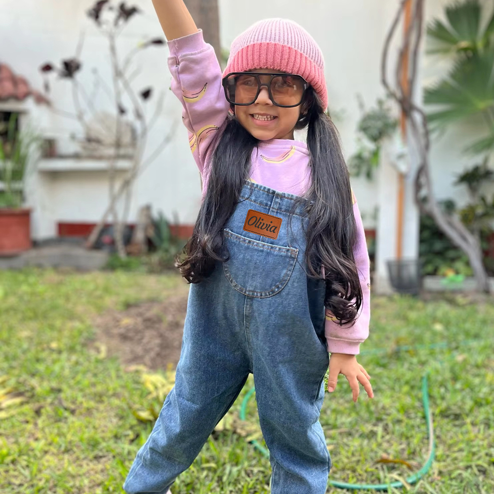 Personalized Kids Leather Patch Denim Overalls| Pants03