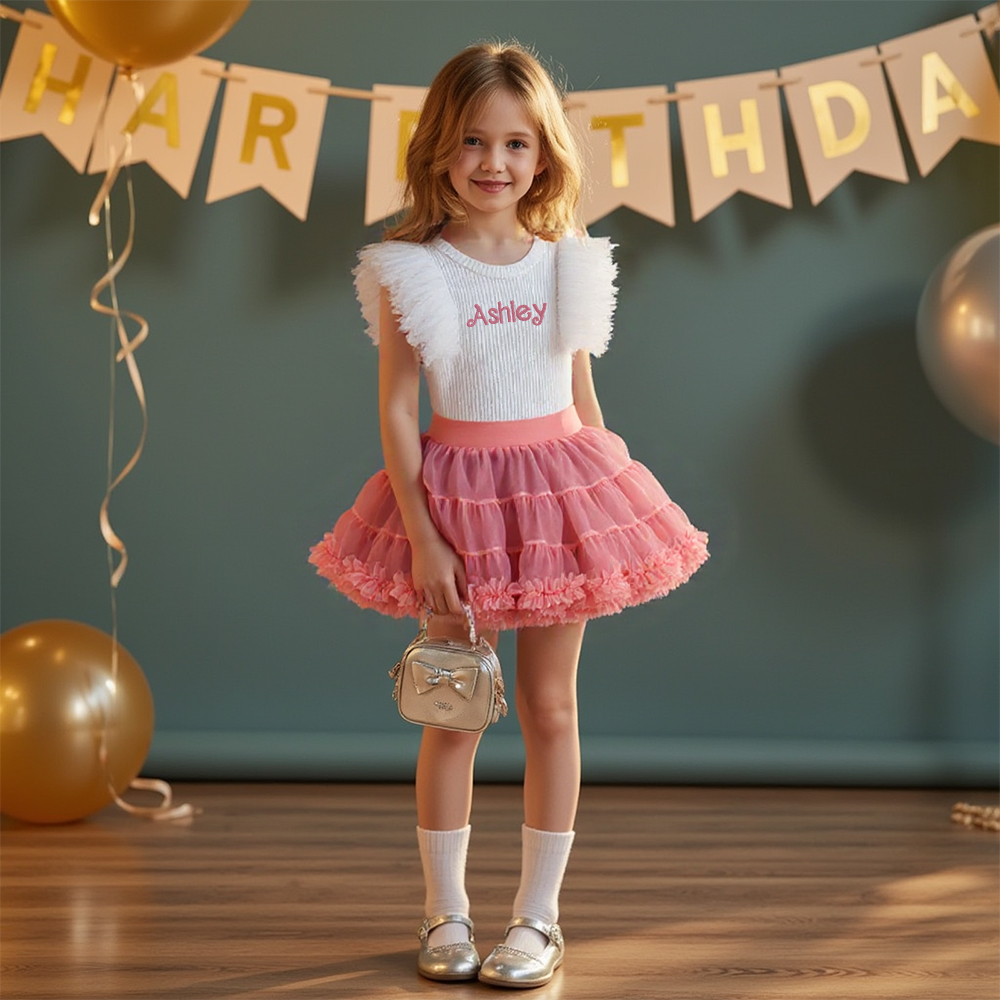 Personalized Girl Mesh Flying Sleeve T-shirt TUTU Skirt Set| Cloth236