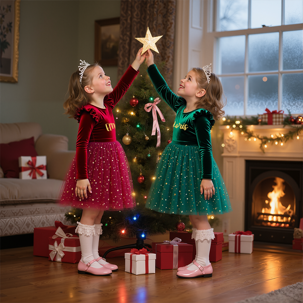 Personalized Girl Christmas Star Sequin Tulle Dress|YESMC05