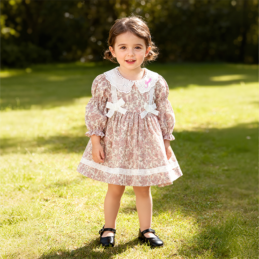 Personalized Girl Long Sleeve Floral Dress| Dress35