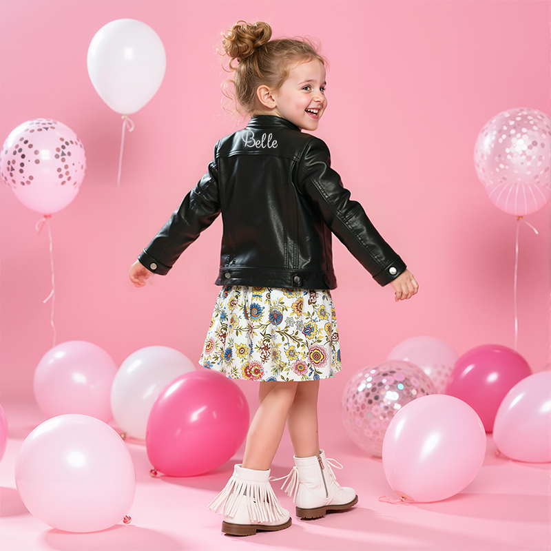Personalized Kids Embroidered Zip Up Faux Leather Jacket| Cloth250