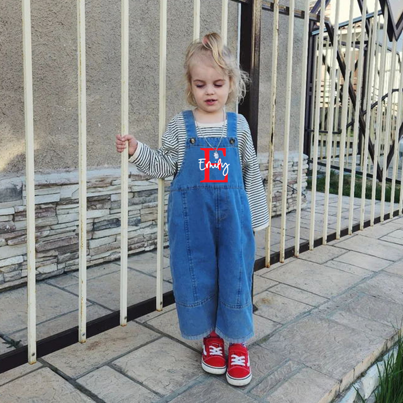 Personalized Kids Initial Oversized Denim Loose Overalls| Pants09