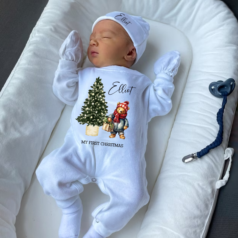 Personalized Baby My First Christmas Teddy Wreath Outfit| BBcloth1221