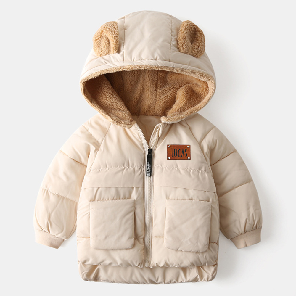 Personalized Leather Patch Kids Bear Ear Puffer Jacket| Cloth256