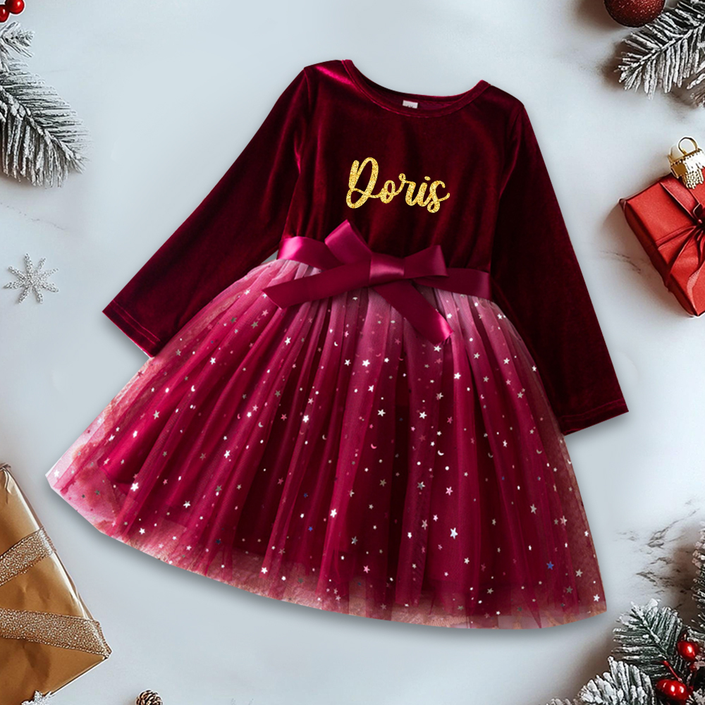 Personalized Christmas Girl Bow Star Mesh Party Dress|YESMC10