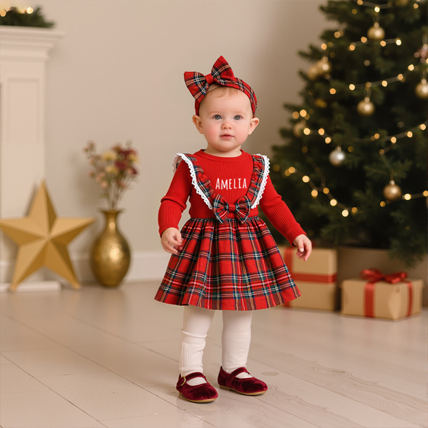 Personalized Girl Christmas Baby Plaid Dress|YESMC13