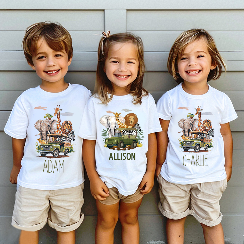 Personalized Kids African Safari Animals & Vehicle T-Shirt| Cloth1417