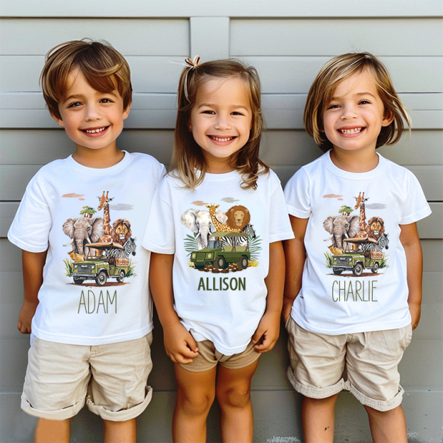 Personalized Kids African Safari Animals & Vehicle T-Shirt| Cloth1417