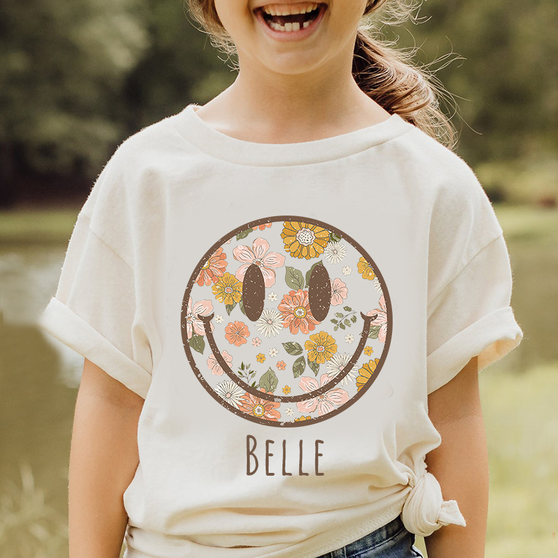 Personalized Girls Retro Floral Smiley Face T-Shirt| Cloth1423