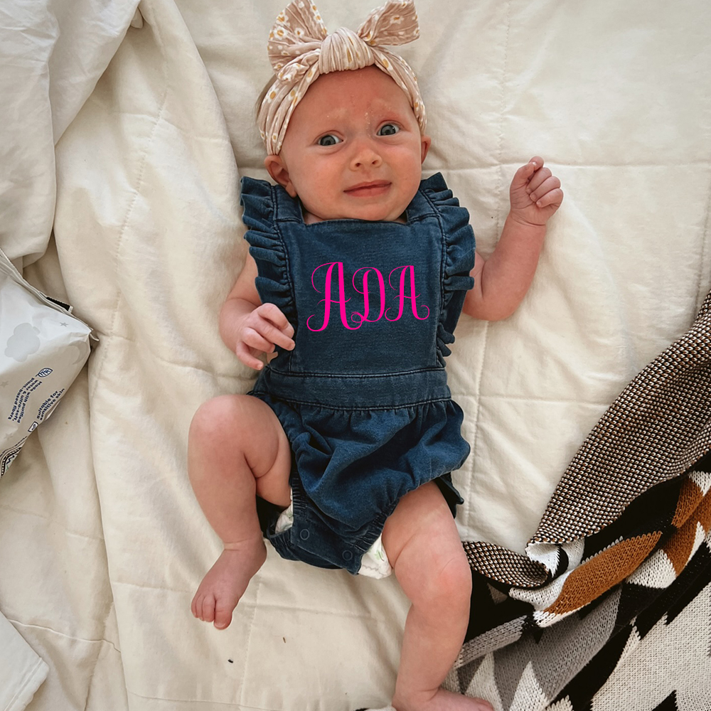 Personalized Baby Girl Ruffle Denim Blue Romper| BBCloth94