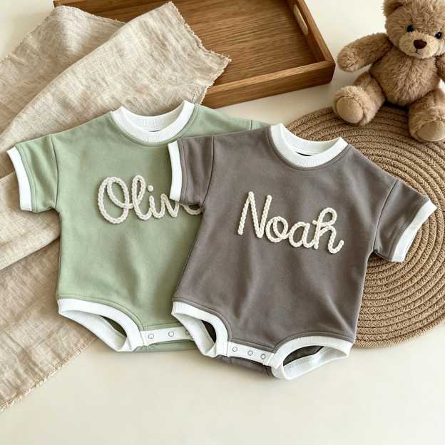Personalized Hand Embroidered Short Sleeve Baby Bubble Romper | BBcloth142