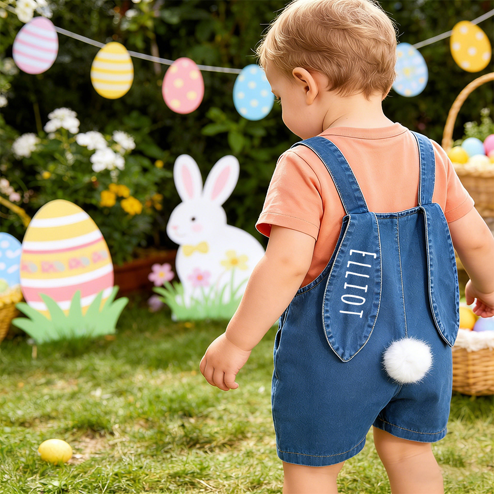 Personalized Kids Bunny Ear Denim Overalls| Pants34