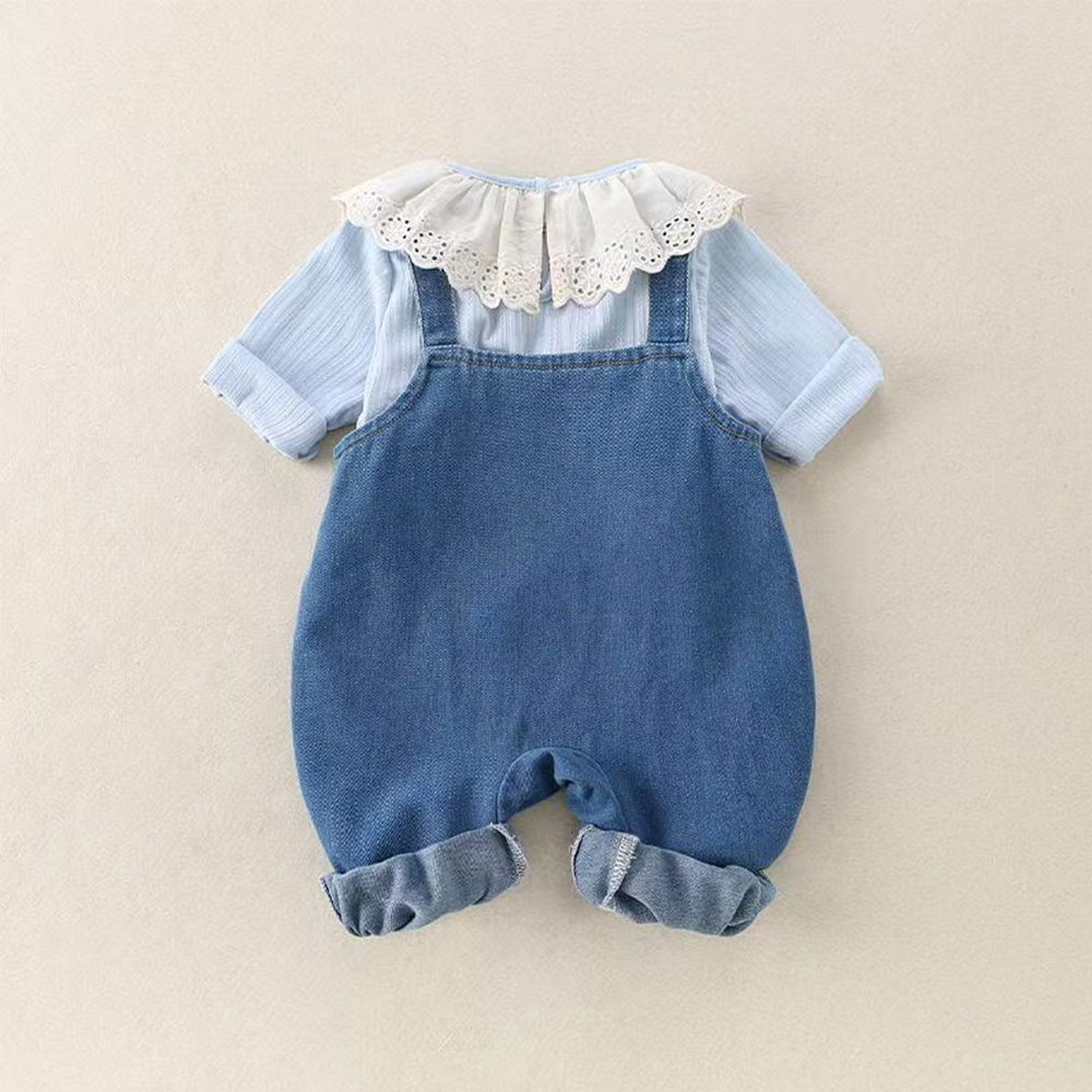 Personalized Baby Girl Lace Collar Top & Denim Overalls Set| Pants36