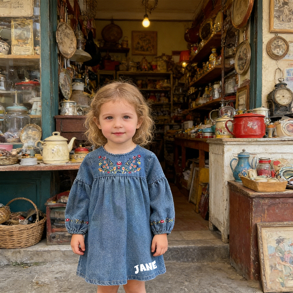 Personalized Girl Embroidered Denim Floral  Dress| Dress68