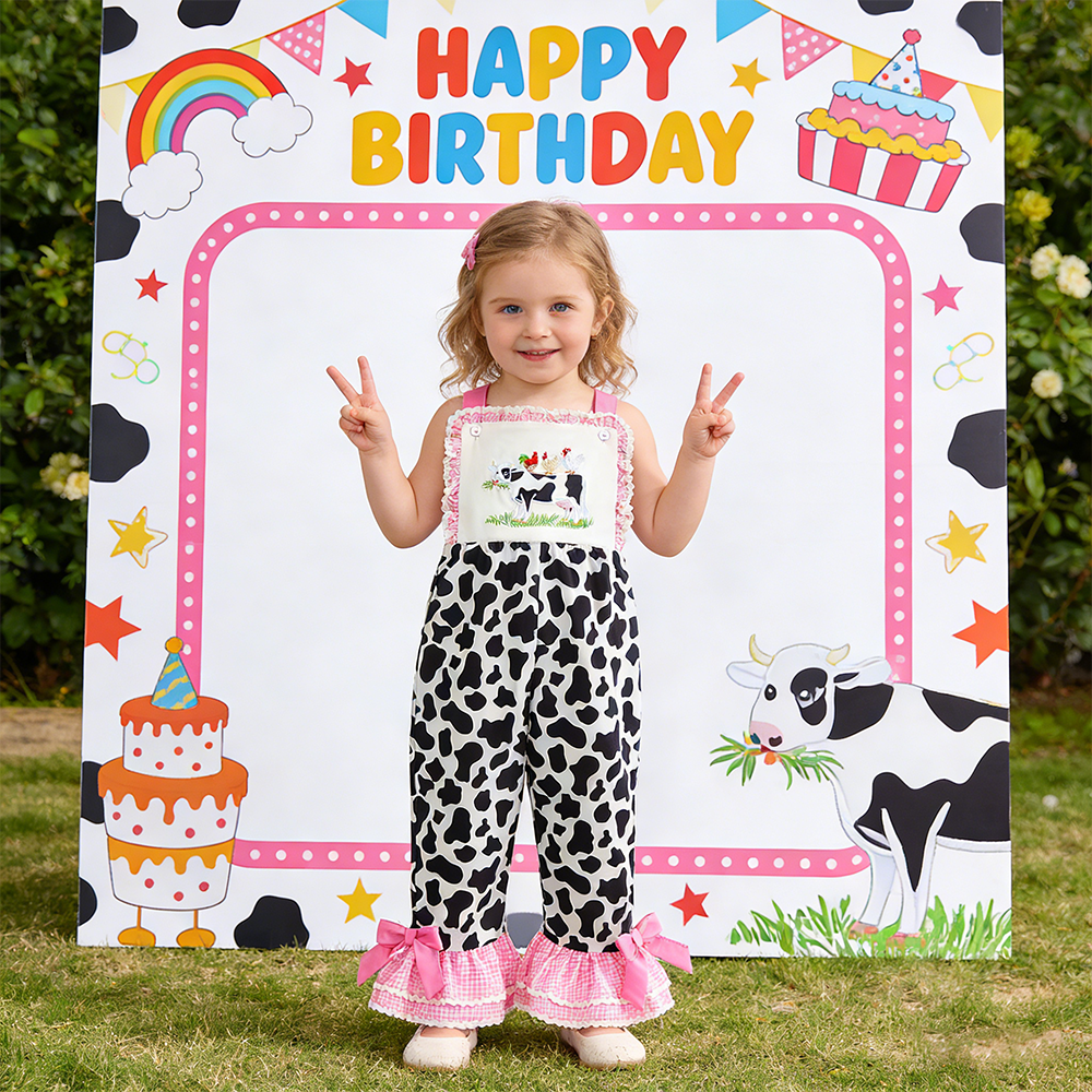 Girl Birthday Cow Print Overalls| Pants32