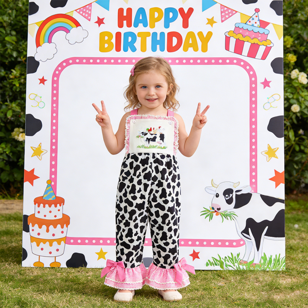 Girl Birthday Cow Print Overalls| Pants32