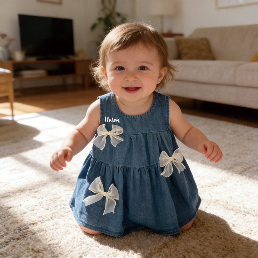 Personalized Girl Summer Bow Sleeveless Denim Dress| Dress71
