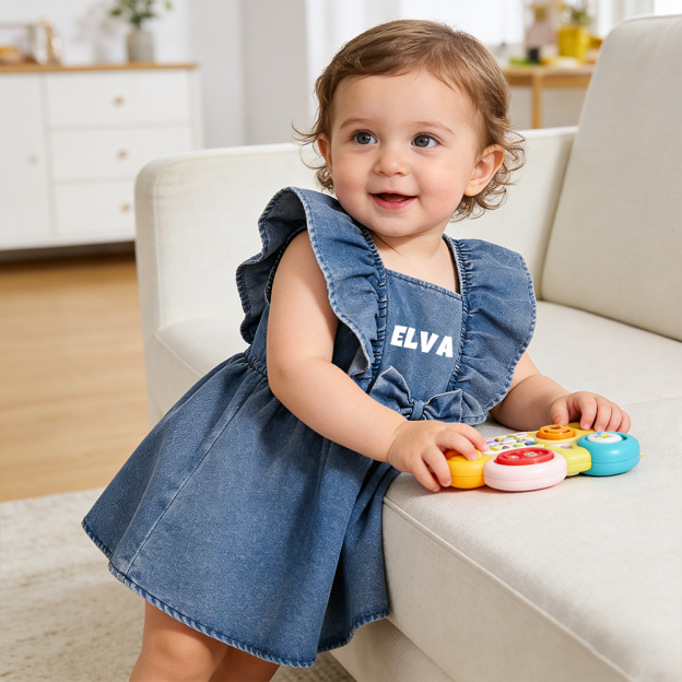 Personalized Girl Ruffle Shoulder Denim Dress| Dress73