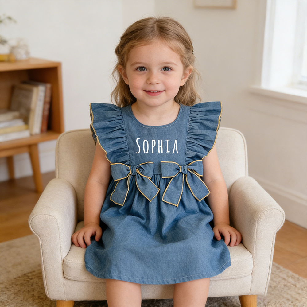 Personalized Girl Ruffle Shoulder Denim Dress| Dress74