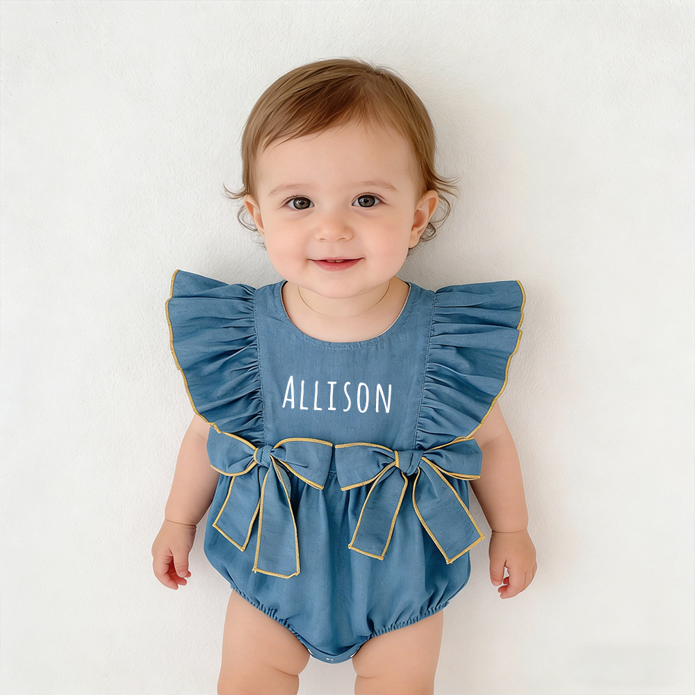 Personalized Baby Girl Ruffle Shoulder Denim Romper| BBcloth123
