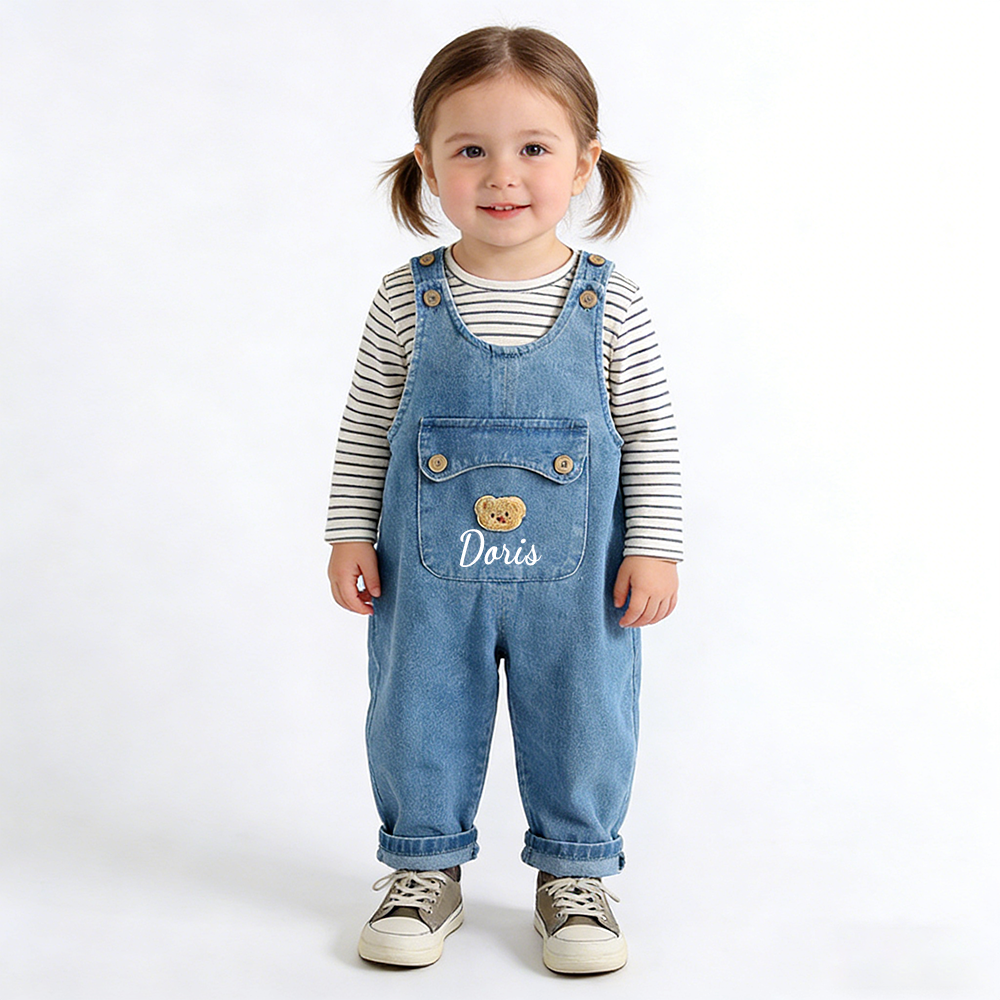 Personalized Kids Bear Patch Denim Overalls Set| Pants46