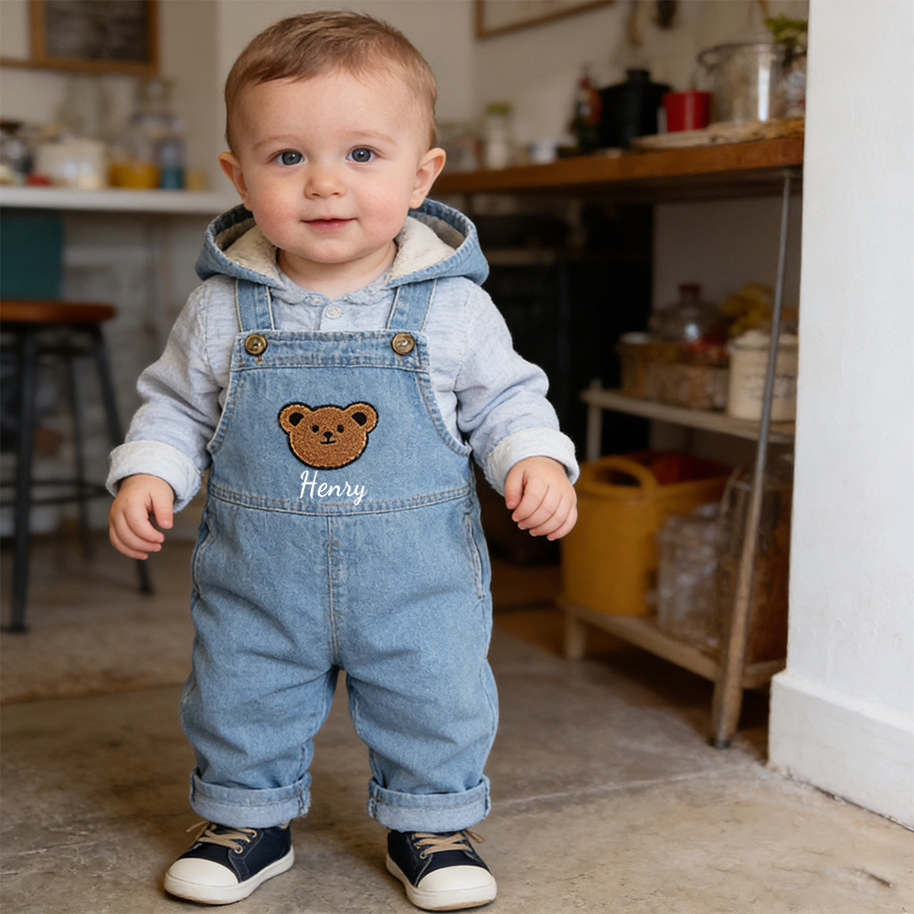 Personalized Kids Bear Patch Denim Overalls| Pants47