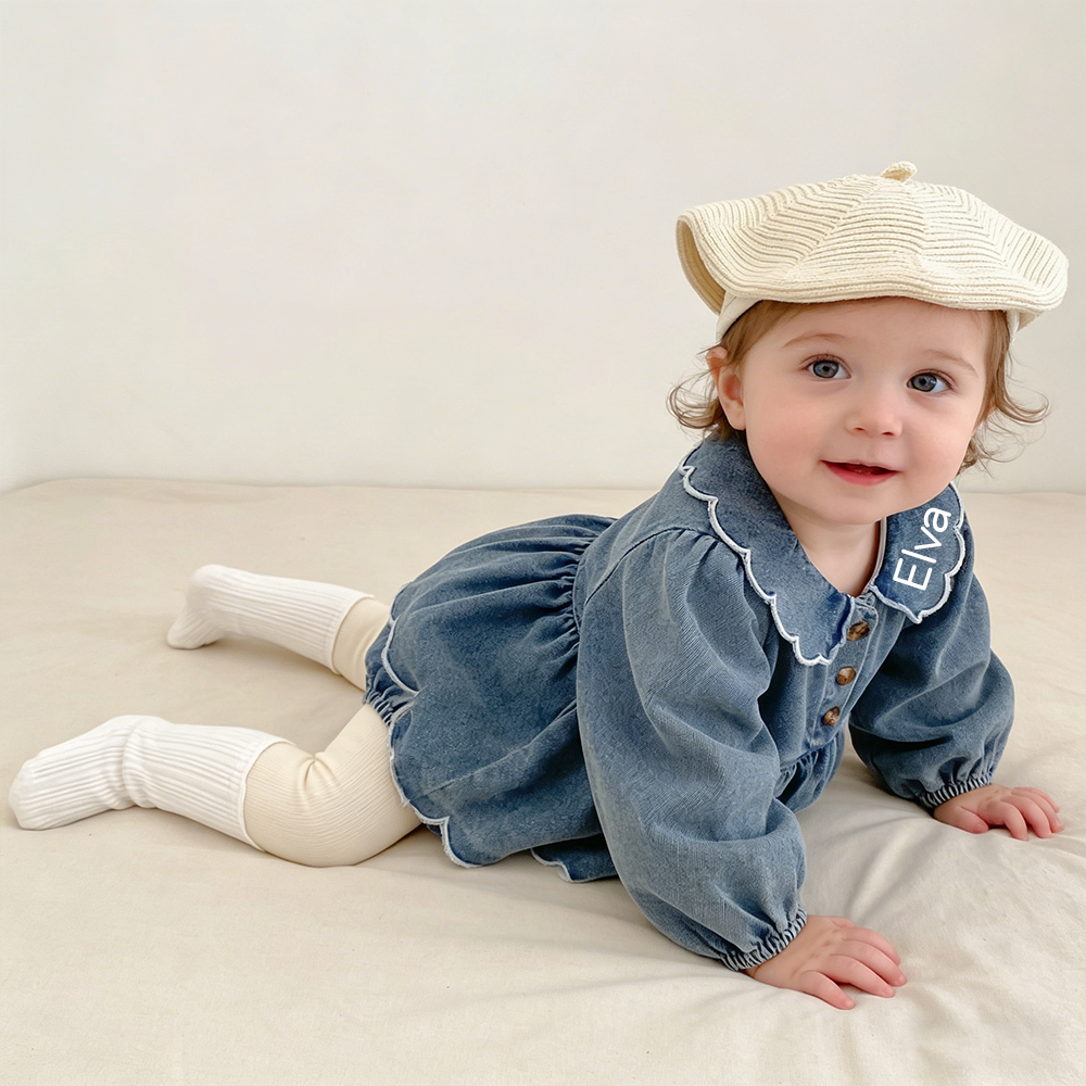 Personalized Baby Girl Ruffled Denim Bubble Romper| BBcloth130