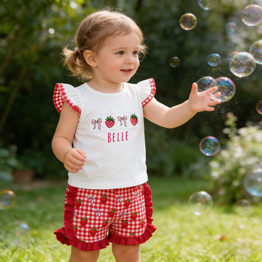 Personalized Girl Strawberry Ruffle Sleeve Top & Shorts Set| Cloth273