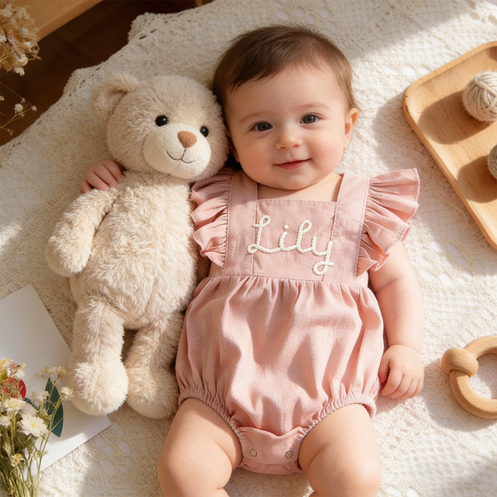 Personalized Baby Gril Embroidered Linen Romper| BBcloth131