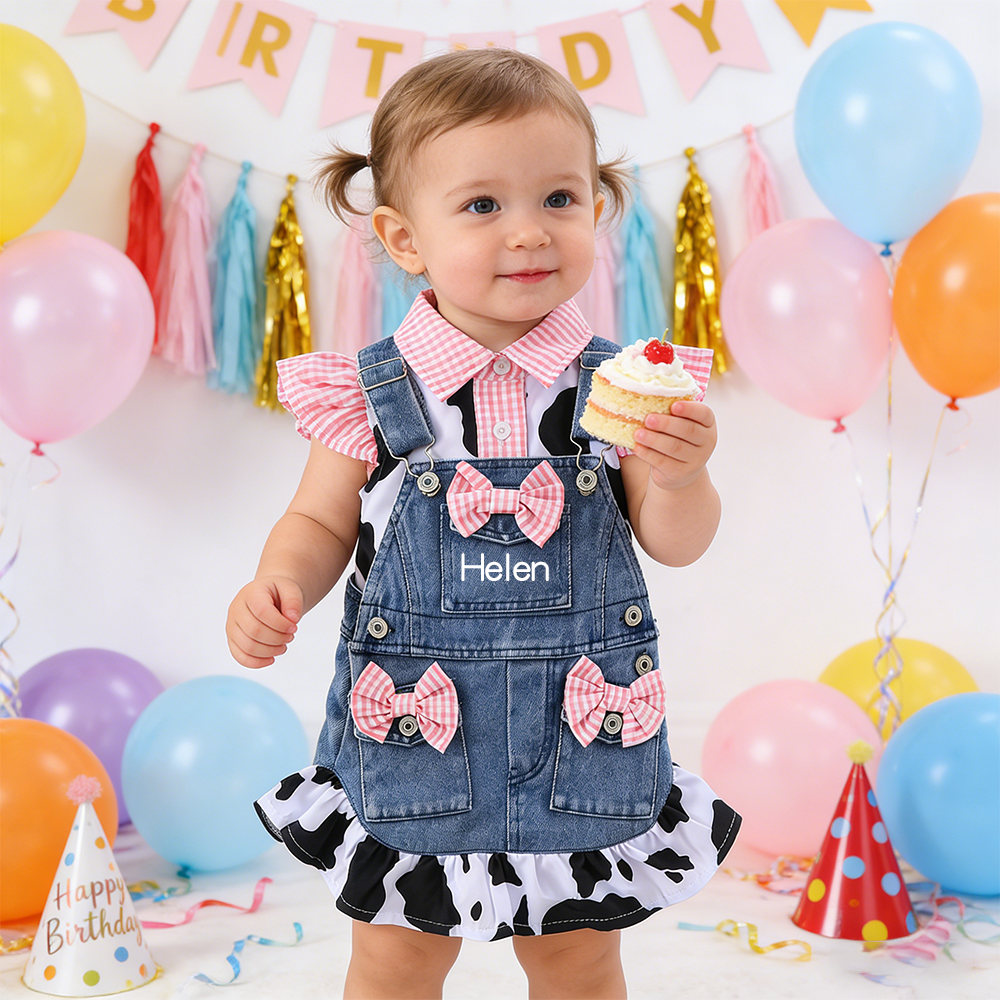 Personalized Baby Girl Cow Print Denim Overall Dress Set| BBcloth132
