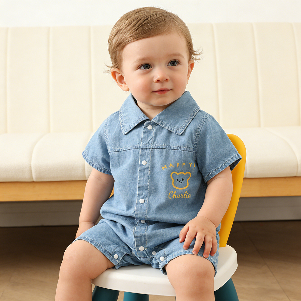 Personalized Baby Bear Print Denim Romper| BBcloth133