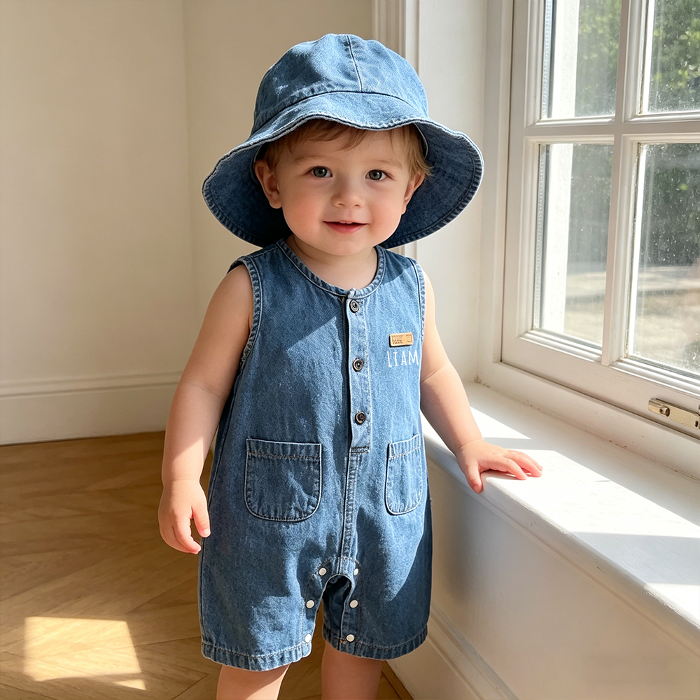 Personalized Baby Denim Jumpsuit & Sun Hat Set| Pants56