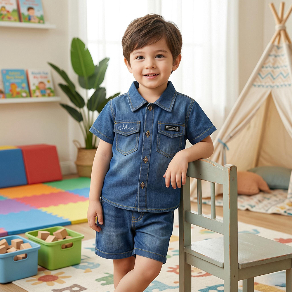 Personalized Boy Toddler Denim Shirt and Shorts Set| Cloth279
