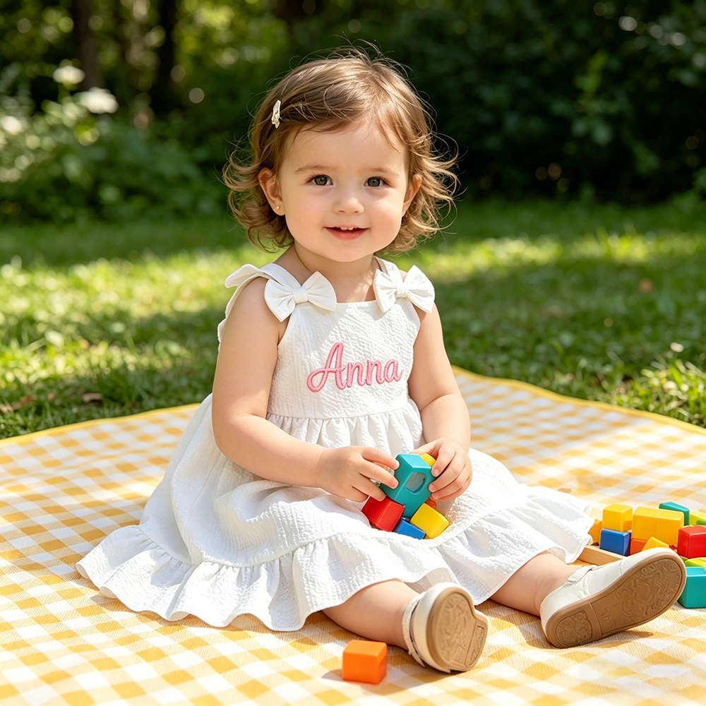 Personalized Girl Embroidered Name Bow Strap Dress| Dress99