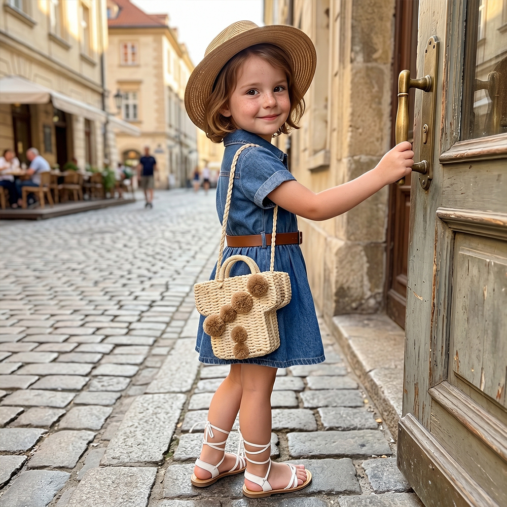 Personalized Girl Vintage Wash Denim Shirtdress with Brown Belt| Dress98