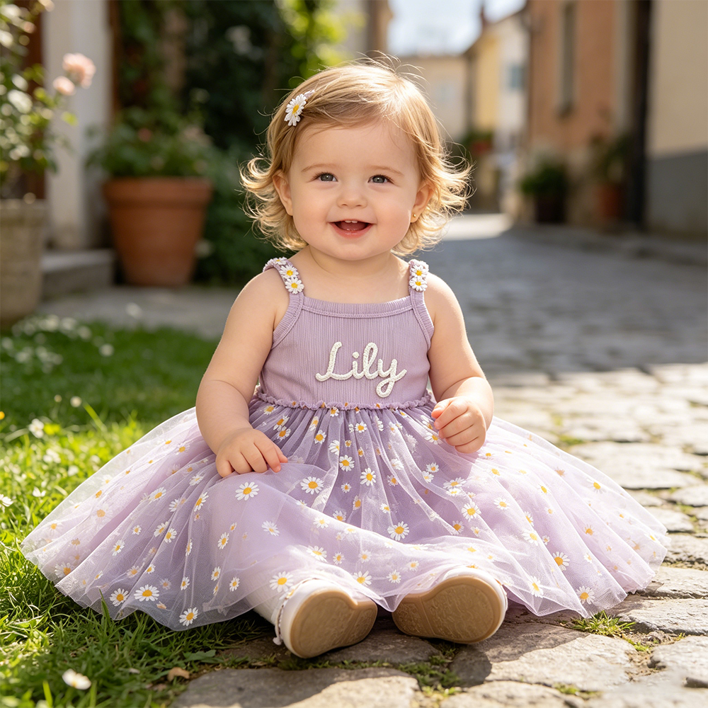 Personalized Girl Hand Knitted Rainbow Daisy Tutu Dress| Dress100