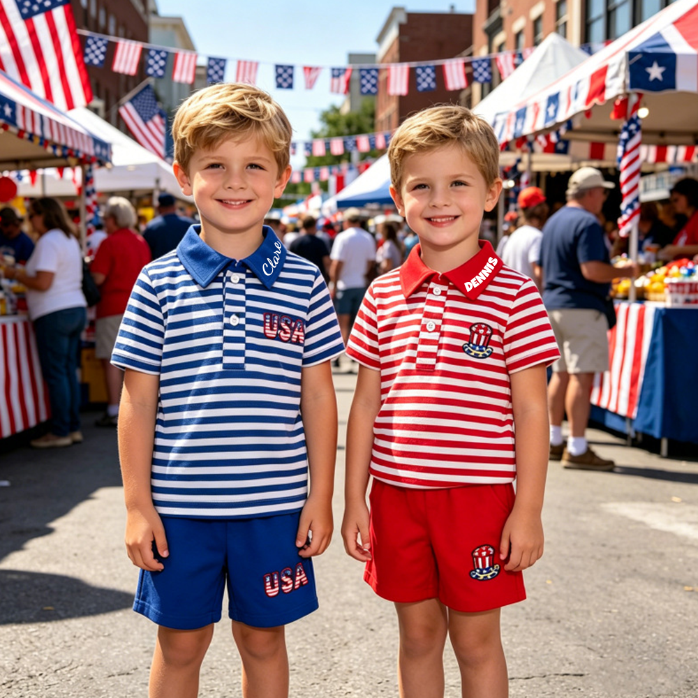 Personalized Boy 4th of July Boys' Striped Polo Outfit| cloth282
