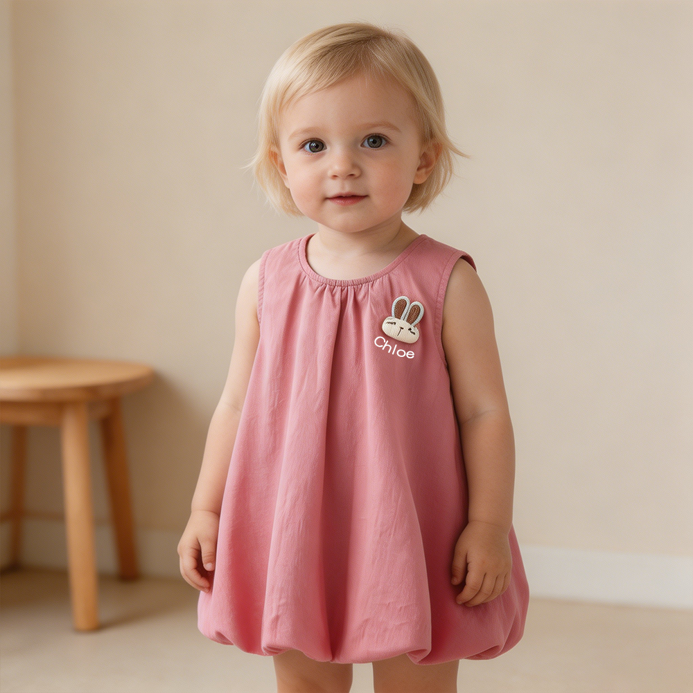 Personalized Girl Pink Sleeveless Bunny Ears Dress| Dress103