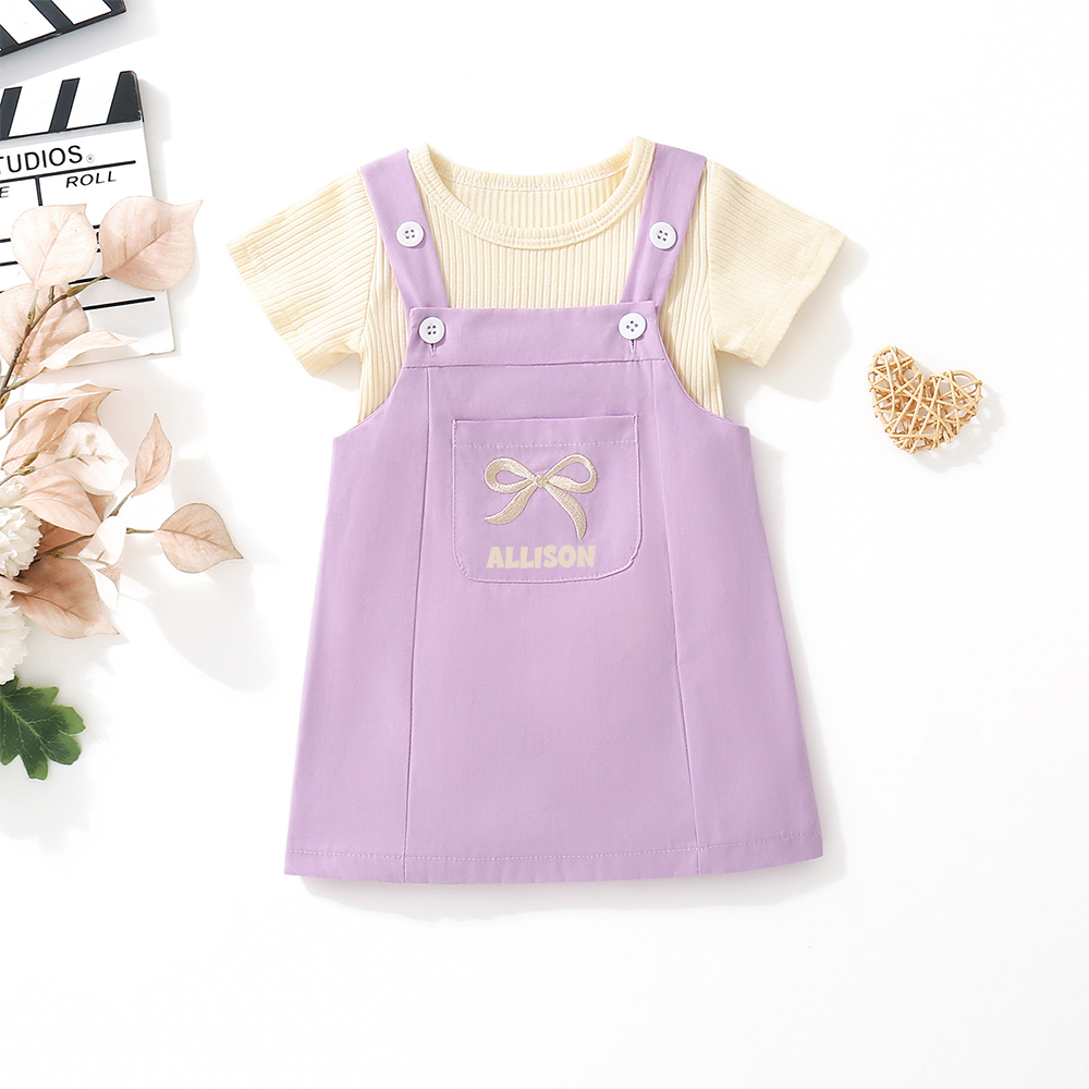 Personalized Girl Pink Bow Pinafore Dress Set| Dress107